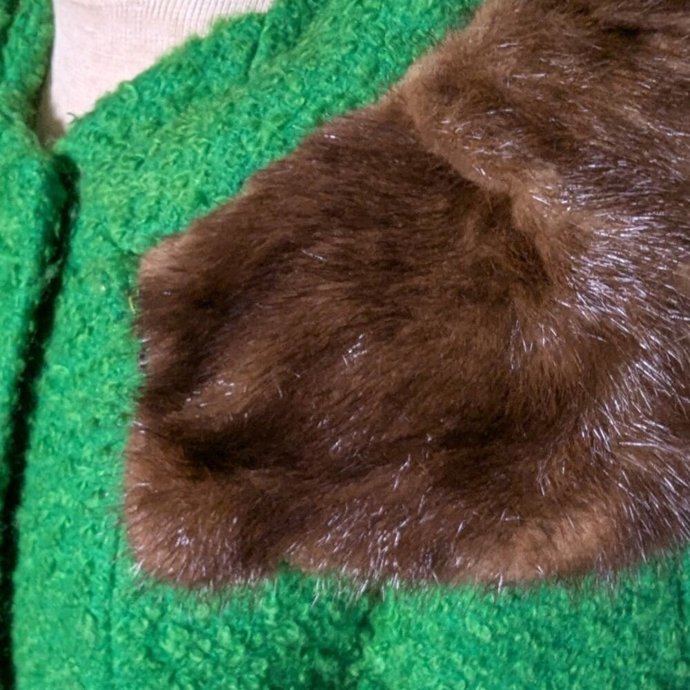 Vtg 1950s Kelly Green Boucle Wool Mink Fur Collar Button Up Swing Coat Sz M - Picture 4 of 7